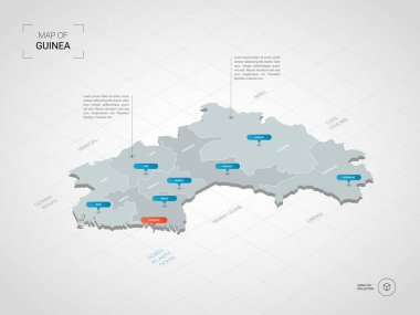 İzometrik 3d Gine eşleyin. Stilize vektör harita illüstrasyon şehirler, kenarlıklar, sermaye, yönetim birimleri ve işaretçi işaretleri ile; degrade arka plan Kılavuzu ile. 
