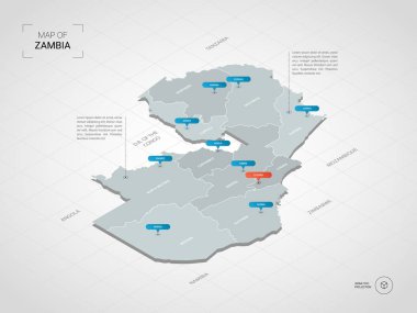 İzometrik 3d Zambiya Haritası. Stilize vektör harita illüstrasyon şehirler, kenarlıklar, sermaye, yönetim birimleri ve işaretçi işaretleri ile; degrade arka plan Kılavuzu ile.