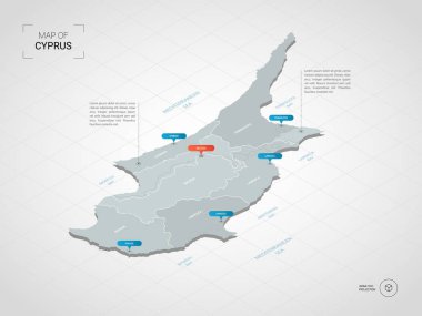 İzometrik 3d Kıbrıs haritası. Stilize vektör harita illüstrasyon şehirler, kenarlıklar, sermaye, yönetim birimleri ve işaretçi işaretleri ile; degrade arka plan Kılavuzu ile.