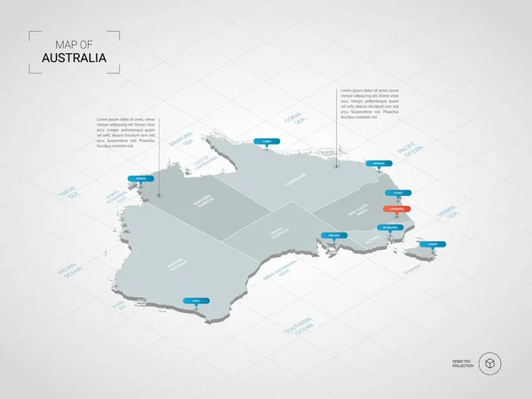 Isométrico Mapa Australia Ilustración Mapas Vectoriales Estilizados Con Ciudades Fronteras — Vector de stock