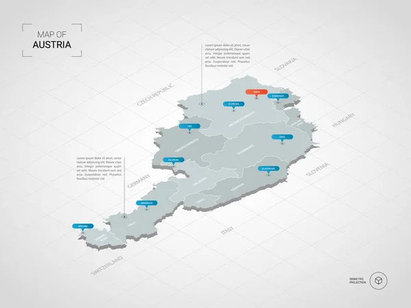 等尺性 オーストリアの地図 行政区划ポインター マークと様式化されたベクトル地図イラストグリッドとグラデーションの背景 — ストックベクタ