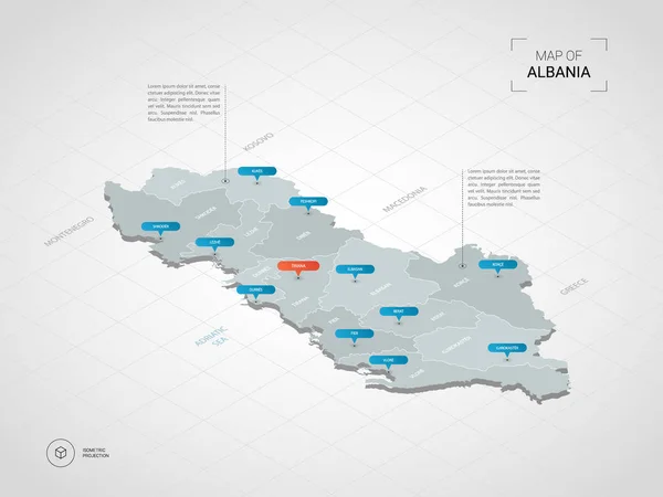 Isométrico Mapa Albania Ilustración Mapas Vectoriales Estilizados Con Ciudades Fronteras — Vector de stock