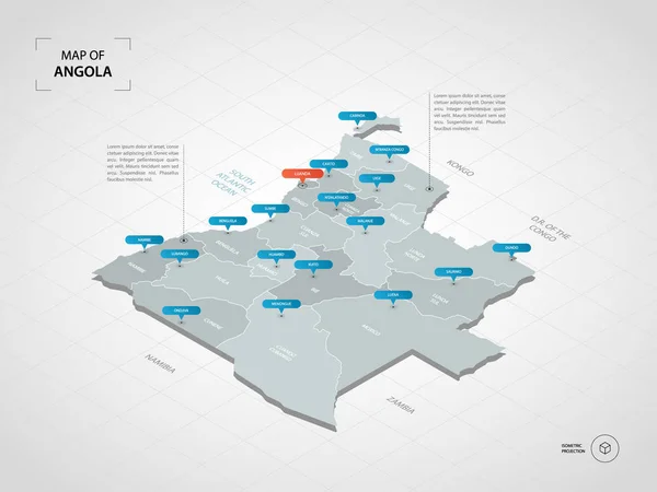 Isométrico Mapa Angola Ilustración Mapas Vectoriales Estilizados Con Ciudades Fronteras — Vector de stock