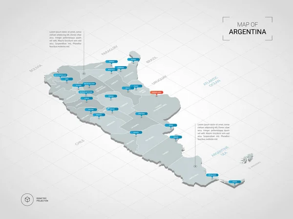 Izometryczny Mapy Argentyny Stylizowane Wektor Ilustracja Mapa Miasta Granice Kapitał — Wektor stockowy