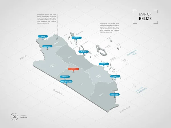 Isometrisk Belize Kart Stilisert Illustrasjon Vektorkart Med Byer Grenser Kapital – stockvektor