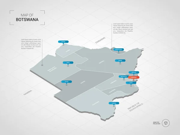 Isométrico Mapa Botswana Ilustración Mapas Vectoriales Estilizados Con Ciudades Fronteras — Vector de stock