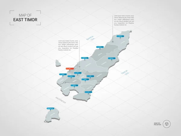 Isométrico Mapa Timor Oriental Ilustración Mapas Vectoriales Estilizados Con Ciudades — Vector de stock