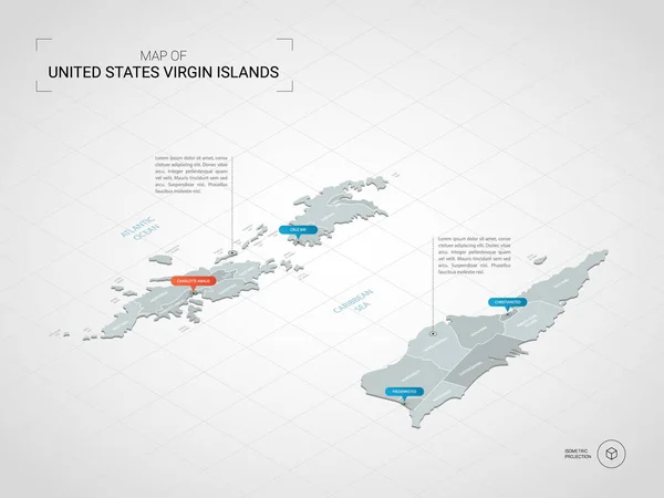 等尺性 バージン諸島にマップします 行政区划ポインター マークと様式化されたベクトル地図イラストグリッドとグラデーションの背景 — ストックベクタ