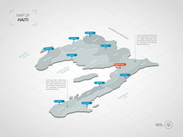 等距3D 海地地图 程式化矢量地图插图与城市 行政区划和指针标记 带网格的渐变背景 — 图库矢量图片