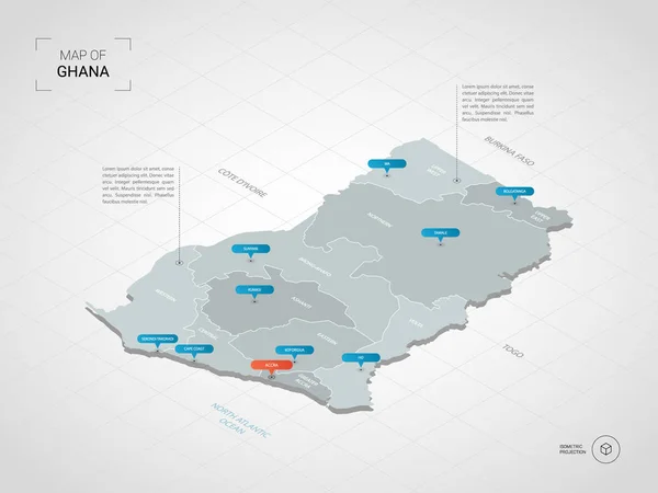 Isometrische Ghanakarte Stilisierte Vektorkarten Illustration Mit Städten Grenzen Hauptstadt Verwaltungseinheiten — Stockvektor