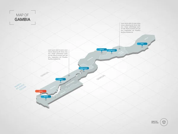 Mapa Isométrico Gambia Ilustración Mapas Vectoriales Estilizados Con Ciudades Fronteras — Vector de stock