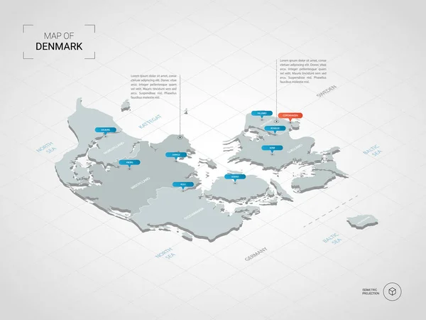 Mapa Isométrico Dinamarca Ilustración Mapas Vectoriales Estilizados Con Ciudades Fronteras — Vector de stock