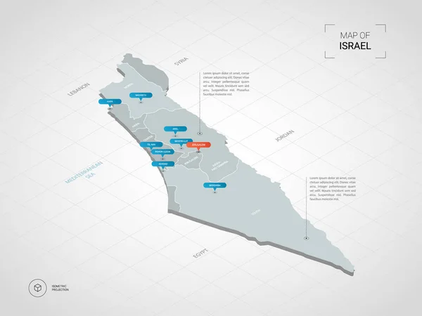 Izometrické Mapa Izraele Stylizované Vektorové Mapy Ilustrace Městy Hranice Kapitál — Stockový vektor