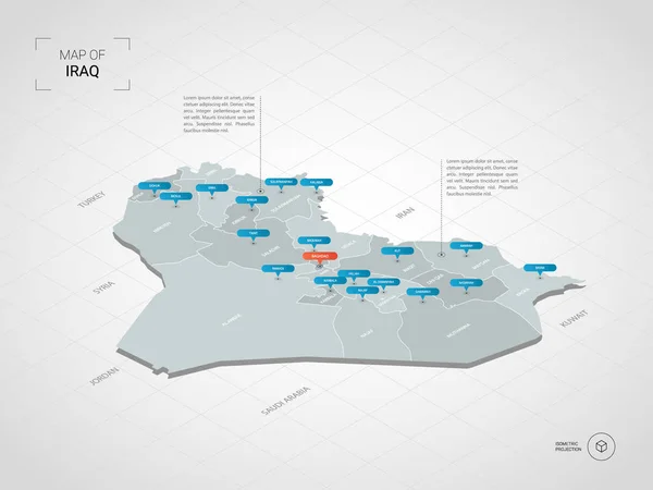 等距3D 伊拉克地图 程式化矢量地图插图与城市 行政区划和指针标记 带网格的渐变背景 — 图库矢量图片
