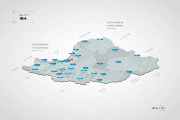 等尺性 イランにマップします 行政区划ポインター マークと様式化されたベクトル地図イラストグリッドとグラデーションの背景 — ストックベクタ