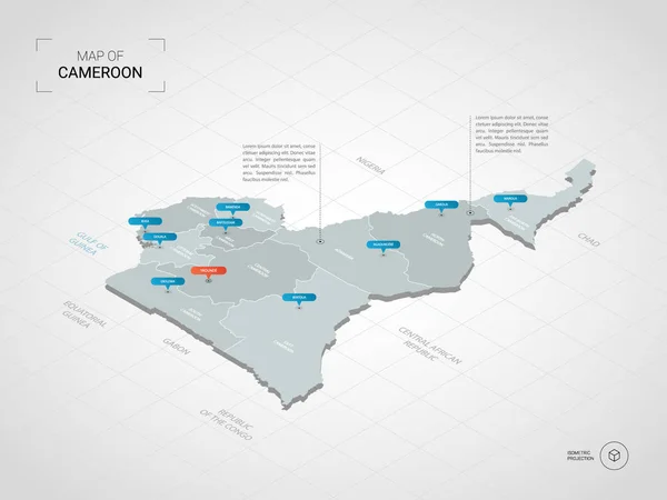 Carte Isométrique Cameroun Illustration Carte Vectorielle Stylisée Avec Villes Frontières — Image vectorielle
