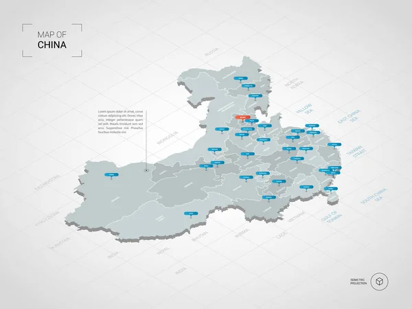 等尺性 中国にマップします 行政区划ポインター マークと様式化されたベクトル地図イラストグリッドとグラデーションの背景 — ストックベクタ