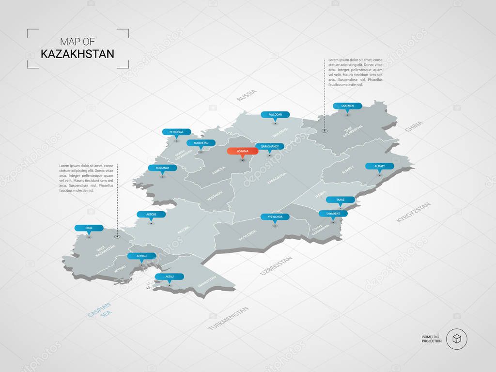 Isometric  3D Kazakhstan map. Stylized vector map illustration with cities, borders, capital, administrative divisions and pointer marks; gradient background with grid.