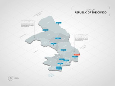 İzometrik 3d Kongo haritası. Stilize vektör harita illüstrasyon şehirler, kenarlıklar, sermaye, yönetim birimleri ve işaretçi işaretleri ile; degrade arka plan Kılavuzu ile.