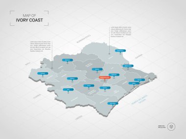 İzometrik 3d Fildişi Sahili haritası. Stilize vektör harita illüstrasyon şehirler, kenarlıklar, sermaye, yönetim birimleri ve işaretçi işaretleri ile; degrade arka plan Kılavuzu ile.