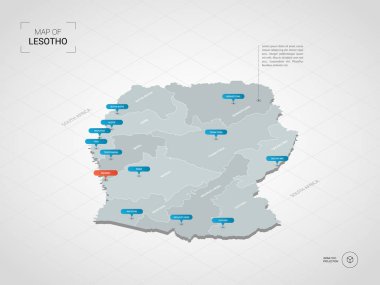 İzometrik 3d Lesoto haritası. Stilize vektör harita illüstrasyon şehirler, kenarlıklar, sermaye, yönetim birimleri ve işaretçi işaretleri ile; degrade arka plan Kılavuzu ile.