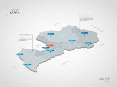 İzometrik 3d Letonya haritası. Stilize vektör harita illüstrasyon şehirler, kenarlıklar, sermaye, yönetim birimleri ve işaretçi işaretleri ile; degrade arka plan Kılavuzu ile.