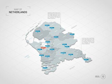 Harita-Hollanda-3d izometrik. Stilize vektör harita illüstrasyon şehirler, kenarlıklar, sermaye, yönetim birimleri ve işaretçi işaretleri ile; degrade arka plan Kılavuzu ile.