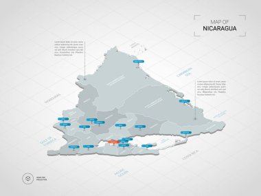 İzometrik 3d Nikaragua Haritası. Stilize vektör harita illüstrasyon şehirler, kenarlıklar, sermaye, yönetim birimleri ve işaretçi işaretleri ile; degrade arka plan Kılavuzu ile.