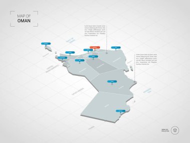 İzometrik 3d Umman Haritası. Stilize vektör harita illüstrasyon şehirler, kenarlıklar, sermaye, yönetim birimleri ve işaretçi işaretleri ile; degrade arka plan Kılavuzu ile.