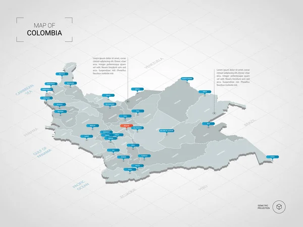 İzometrik 3d Kolombiya haritası. Stilize vektör harita illüstrasyon şehirler, kenarlıklar, sermaye, yönetim birimleri ve işaretçi işaretleri ile; degrade arka plan Kılavuzu ile.