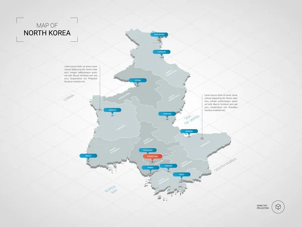 Mappa Isometrica Della Corea Del Nord Mappa Vettoriale Stilizzata Illustrazione — Vettoriale Stock