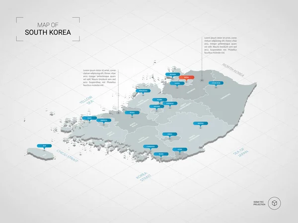 等距3D 韩国地图 程式化矢量地图插图与城市 行政区划和指针标记 带网格的渐变背景 — 图库矢量图片