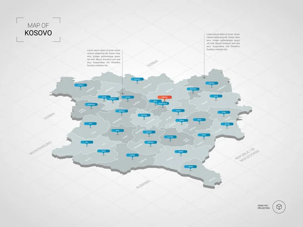 Изометрическая Карта Косово Стилизованная Иллюстрация Векторной Карты Городами Границами Столицей — стоковый вектор