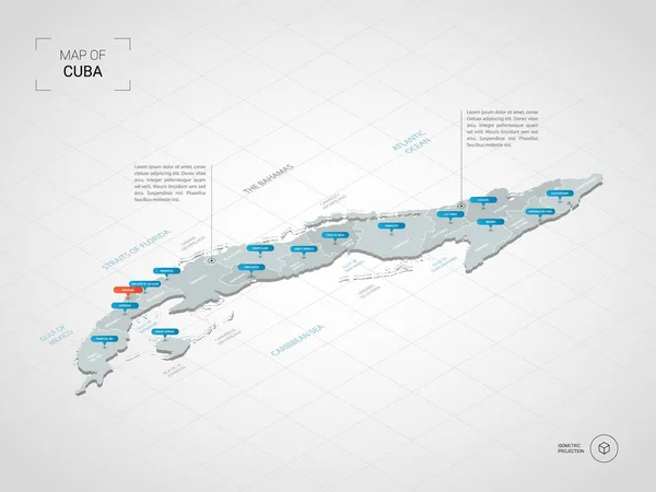 等距3D 古巴地图 程式化矢量地图插图与城市 行政区划和指针标记 带网格的渐变背景 — 图库矢量图片