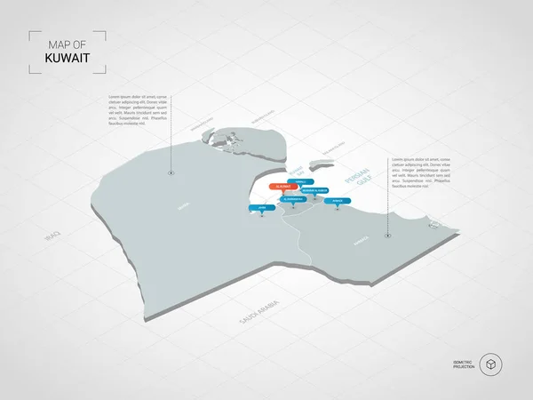 Isometrische Kuwait Karte Stilisierte Vektorkarten Illustration Mit Städten Grenzen Hauptstadt — Stockvektor