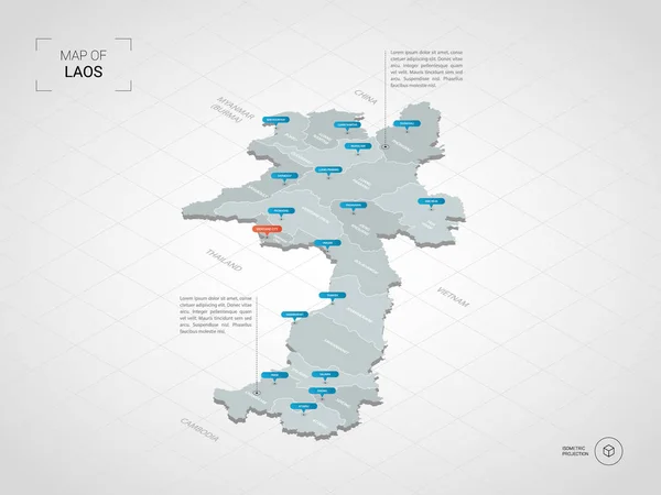 等距3D 老挝地图 程式化矢量地图插图与城市 行政区划和指针标记 带网格的渐变背景 — 图库矢量图片