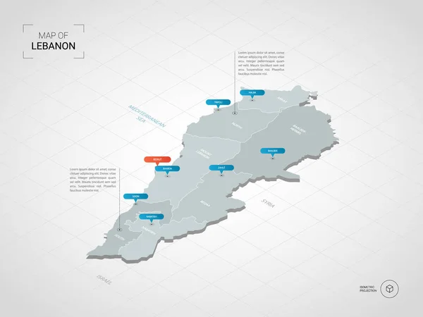 等尺性 レバノン マップ 行政区划ポインター マークと様式化されたベクトル地図イラストグリッドとグラデーションの背景 — ストックベクタ