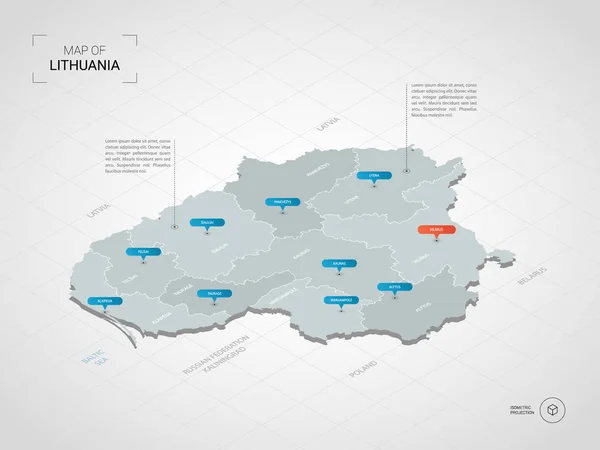 Peta Lithuania Isometrik Ilustrasi Peta Vektor Bergaya Dengan Kota Perbatasan - Stok Vektor