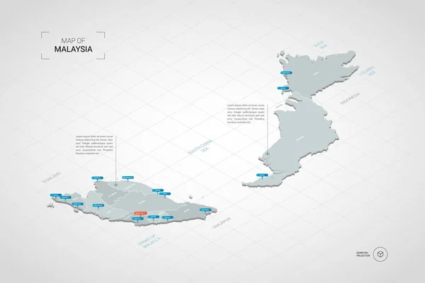 Isométrico Mapa Malasia Ilustración Mapas Vectoriales Estilizados Con Ciudades Fronteras — Vector de stock