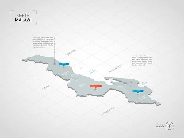 Isometric Malawi Map Stylized Vector Map Illustration Cities Borders Capital — Stock Vector