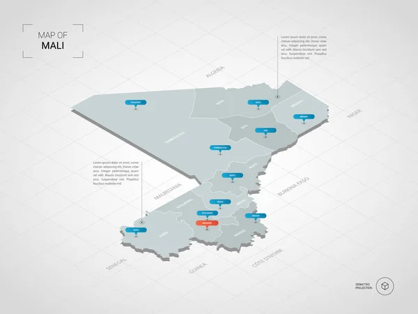 Mappa Isometrica Del Mali Mappa Vettoriale Stilizzata Illustrazione Con Città — Vettoriale Stock