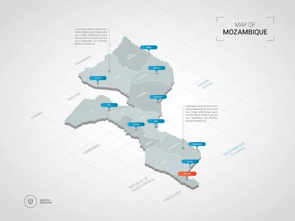 等尺性 モザンビーク マップ 行政区划ポインター マークと様式化されたベクトル地図イラストグリッドとグラデーションの背景 — ストックベクタ