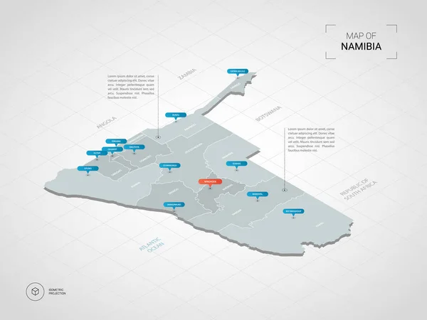 Isométrico Mapa Namibia Ilustración Mapas Vectoriales Estilizados Con Ciudades Fronteras — Vector de stock