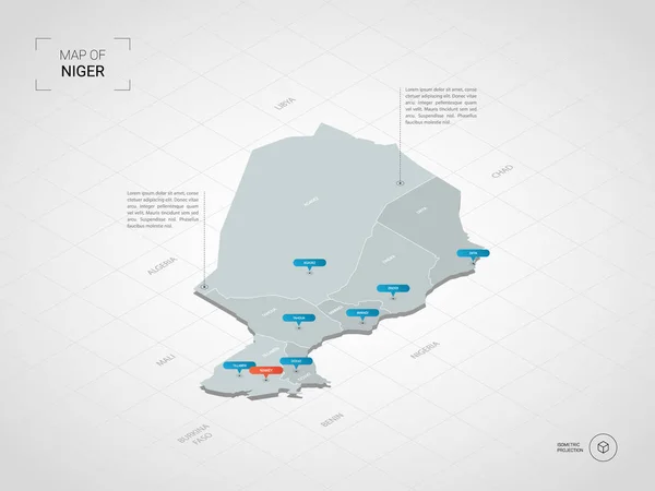 Isométrico Mapa Níger Ilustración Mapas Vectoriales Estilizados Con Ciudades Fronteras — Vector de stock