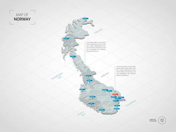 等尺性 ノルウェー地図 行政区划ポインター マークと様式化されたベクトル地図イラストグリッドとグラデーションの背景 — ストックベクタ
