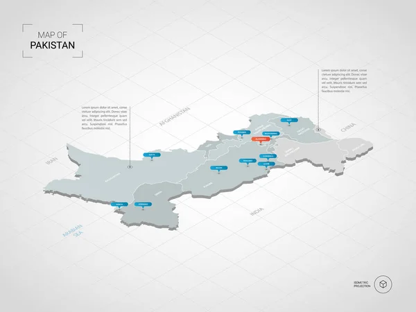 等距3D 巴基斯坦地图 程式化矢量地图插图与城市 行政区划和指针标记 带网格的渐变背景 — 图库矢量图片