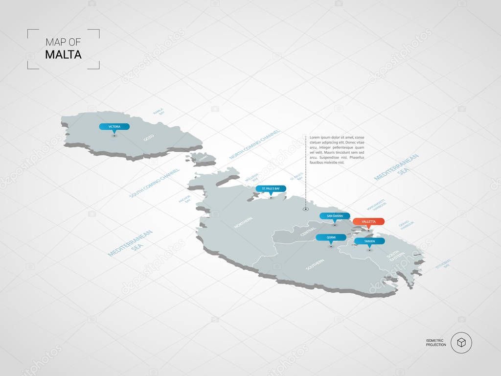 Isometric  3D Malta map. Stylized vector map illustration with cities, borders, capital, administrative divisions and pointer marks; gradient background with grid.