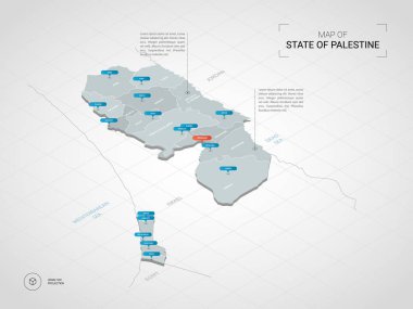 İzometrik 3d Palestine harita. Stilize vektör harita illüstrasyon şehirler, kenarlıklar, sermaye, yönetim birimleri ve işaretçi işaretleri ile; degrade arka plan Kılavuzu ile.