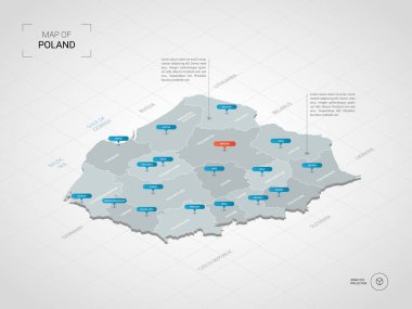 İzometrik 3d Polonya harita. Stilize vektör harita illüstrasyon şehirler, kenarlıklar, sermaye, yönetim birimleri ve işaretçi işaretleri ile; degrade arka plan Kılavuzu ile.