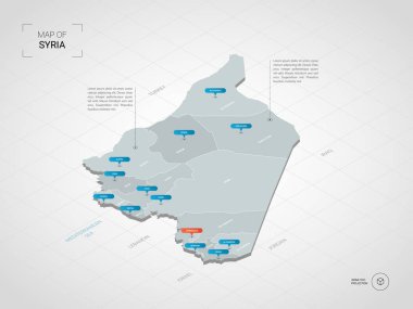 İzometrik 3d Suriye Haritası. Stilize vektör harita illüstrasyon şehirler, kenarlıklar, sermaye, yönetim birimleri ve işaretçi işaretleri ile; degrade arka plan Kılavuzu ile.